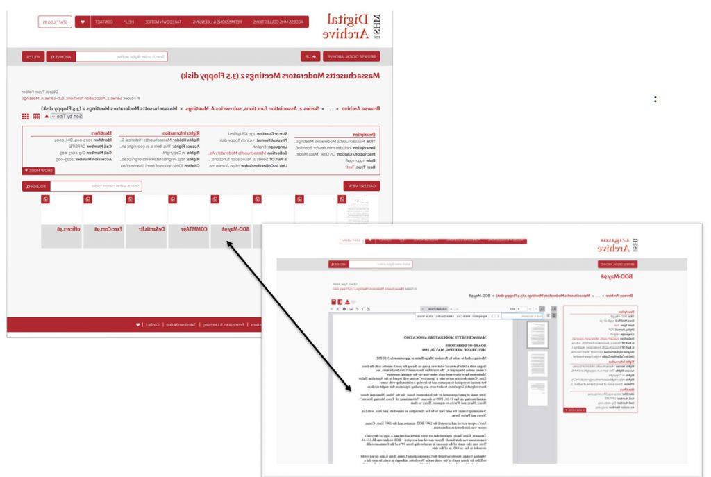 Two screenshots from the MHS Digital Archive relating to the Massachusetts Moderators Association records. One screenshot shows a folder grouping digital files which are represented a as a row of squares. One square incudes an arrow pointing to a second screenshot that shows the web presentation of a PDF document with metadata on the left and the page viewer on the right. 